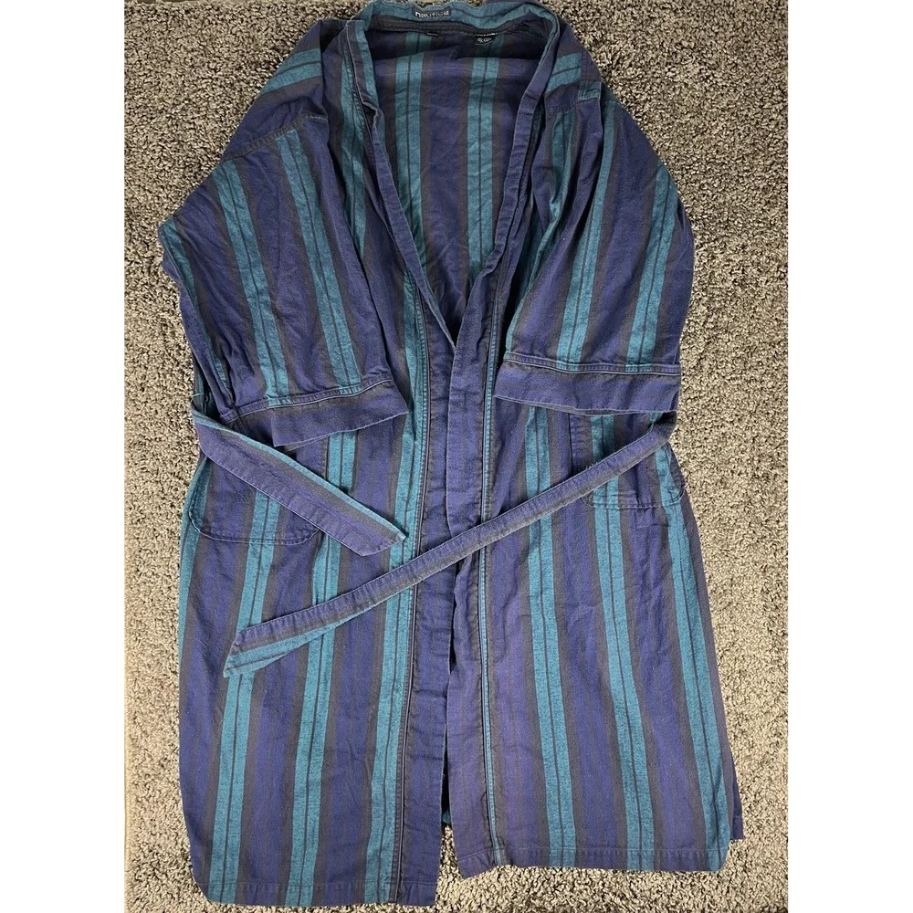Vintage 90's Nautica Sleep Wear Striped Bathrobe Blue Green 100% Cotton One Size